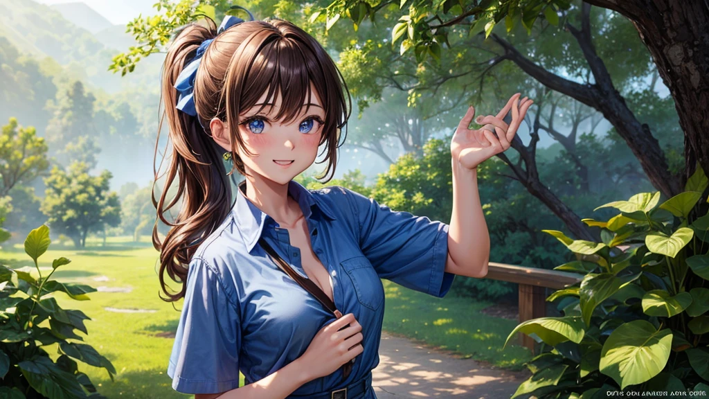 1girl, solo, village, trees, brown hair, long hair, curly hair, ponytail, large breasts, button down shirt, ((blue shirt)), ((unbuttoned shirt)), ((short sleeved shirt)), cleavage, blue eyes, skirt, grin, looking at the viewer, standng, hair ribbon