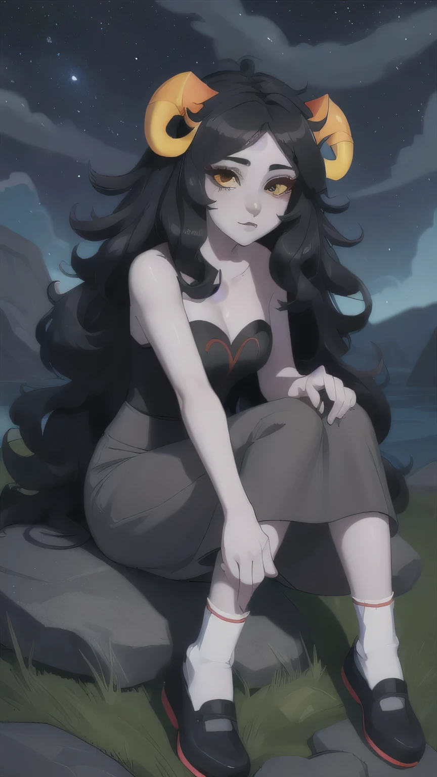 close-up portrait, aradia,  (horns), gray skin, very long hair, cleavage, tube top, bare shoulders, collarbone, (black lipstick), eyeliner, mature, (black eyes), (yellow sclera), goth, looking at viewer, night sky, stars, nebula, low angle, white socks, sitting on rock, shoes, dress