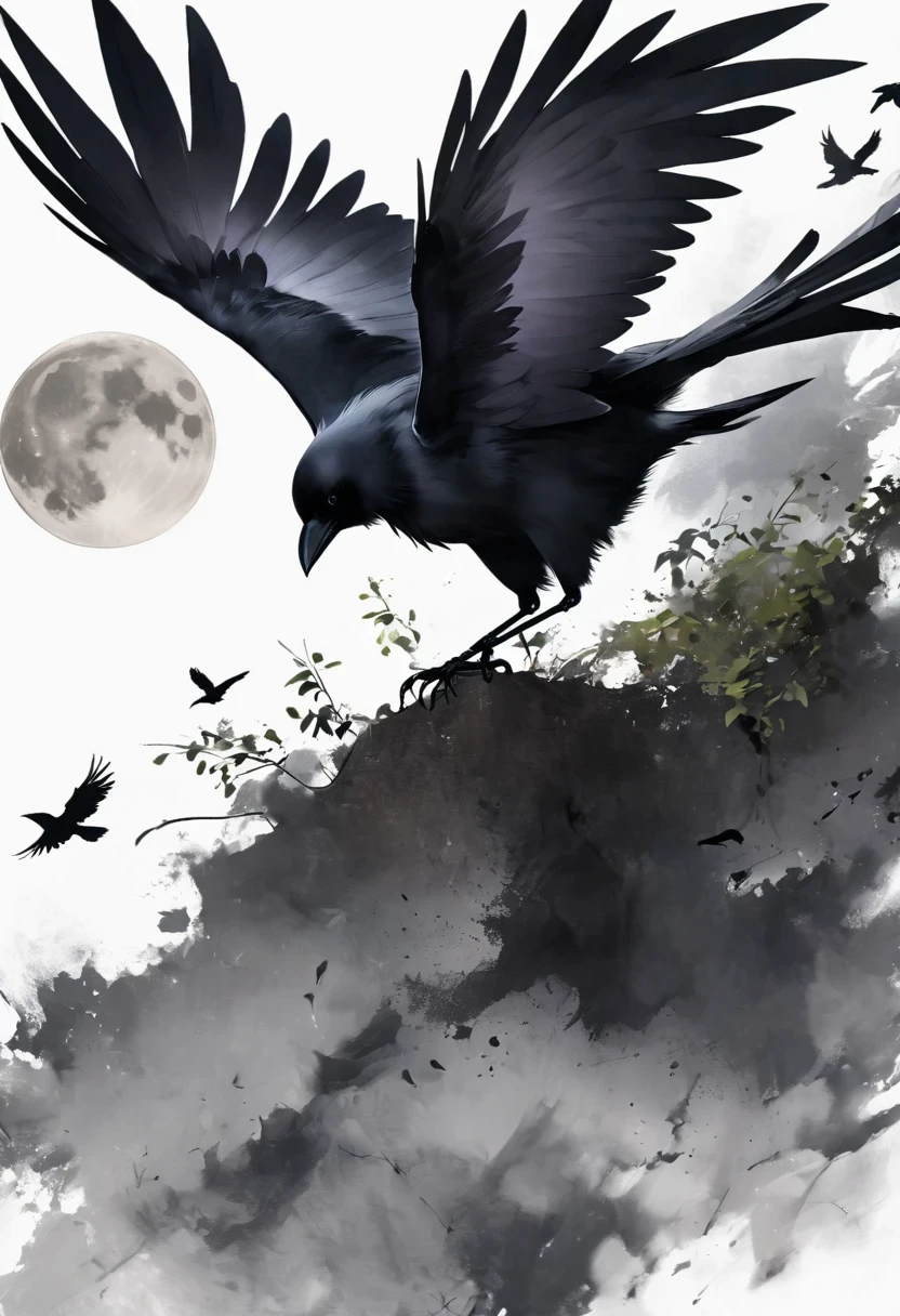 crow, White background, moon, simple, Minimalism, Regular Angle,