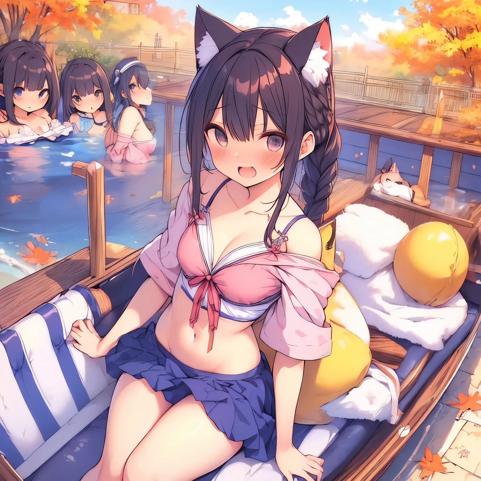 Cat-eared girl lying down on a boat、cute micro bikini、Paleo skirt、Cat-eared girl in water、Girls hiding their bodies with bath towels