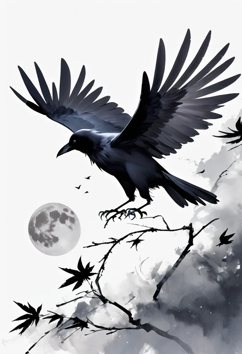 crow, White background, moon, simple, Minimalism, Regular Angle,