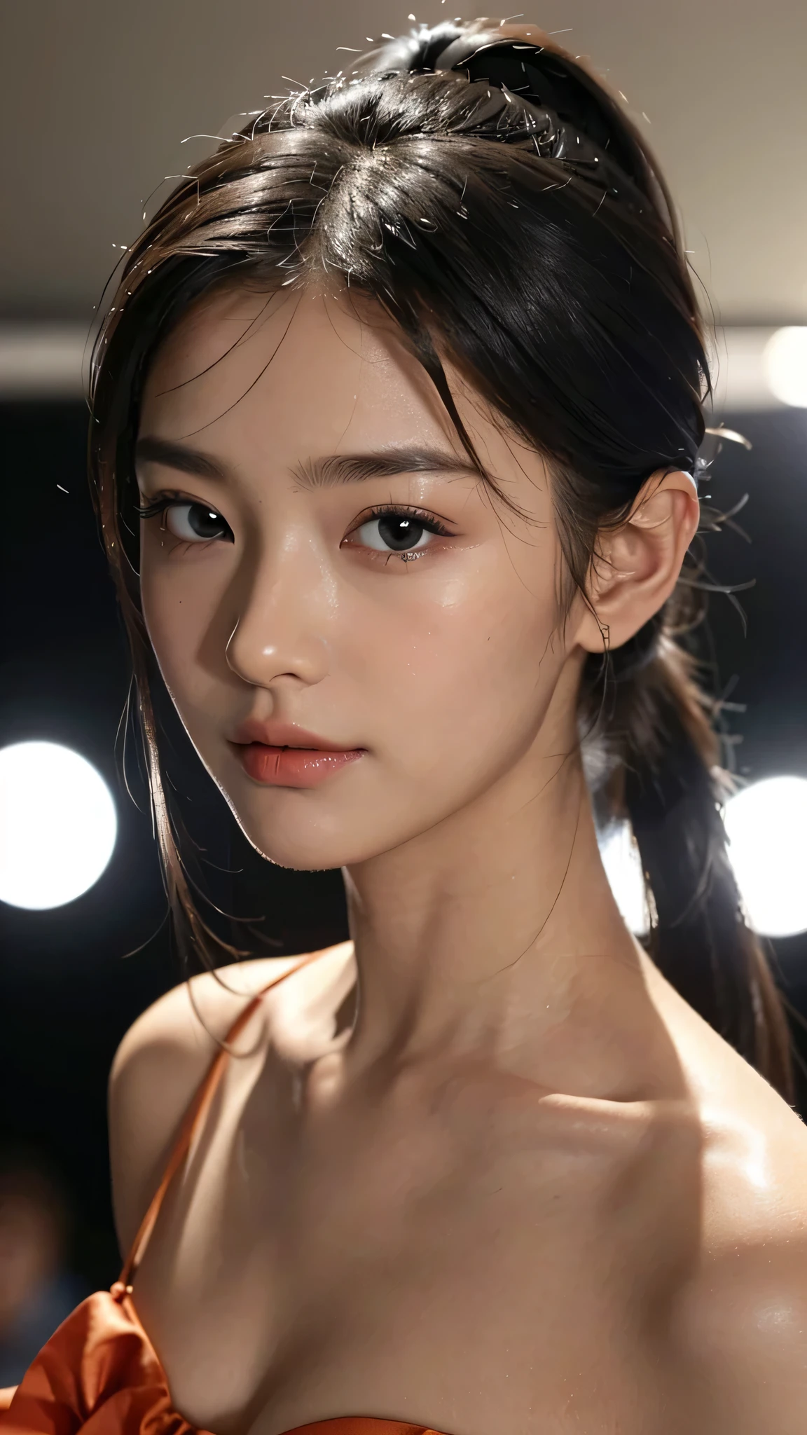 One woman,fully body photo,masutepiece, The highest image quality, High quality, the background is clear,Beautiful woman, Japanese, Detailed, Detailed eyes, Detailed skin, Beautiful skin, 超hight resolution, (reality: 1.4),Very beautiful woman, Slightly younger face, Beautiful skin, slender, (Ultra photo realsisim), (hight resolution), (8K), (Very detailed) (beautifully detailed eyes), (super detailed), (Detailed face), view the viewer, Fine details, Detailed face, Staring straight ahead, Staring straight ahead, photos realistic, Bright lighting, Professional Lighting, Black hair,poneyTail,a baby face,sixteen years old,Hairstyle is ponytail,long ponytail hairstyle,slight smile,Orange colored long dress with lots of ruffles, softly shaped skirt,Spotlight on stage,close-up of face,