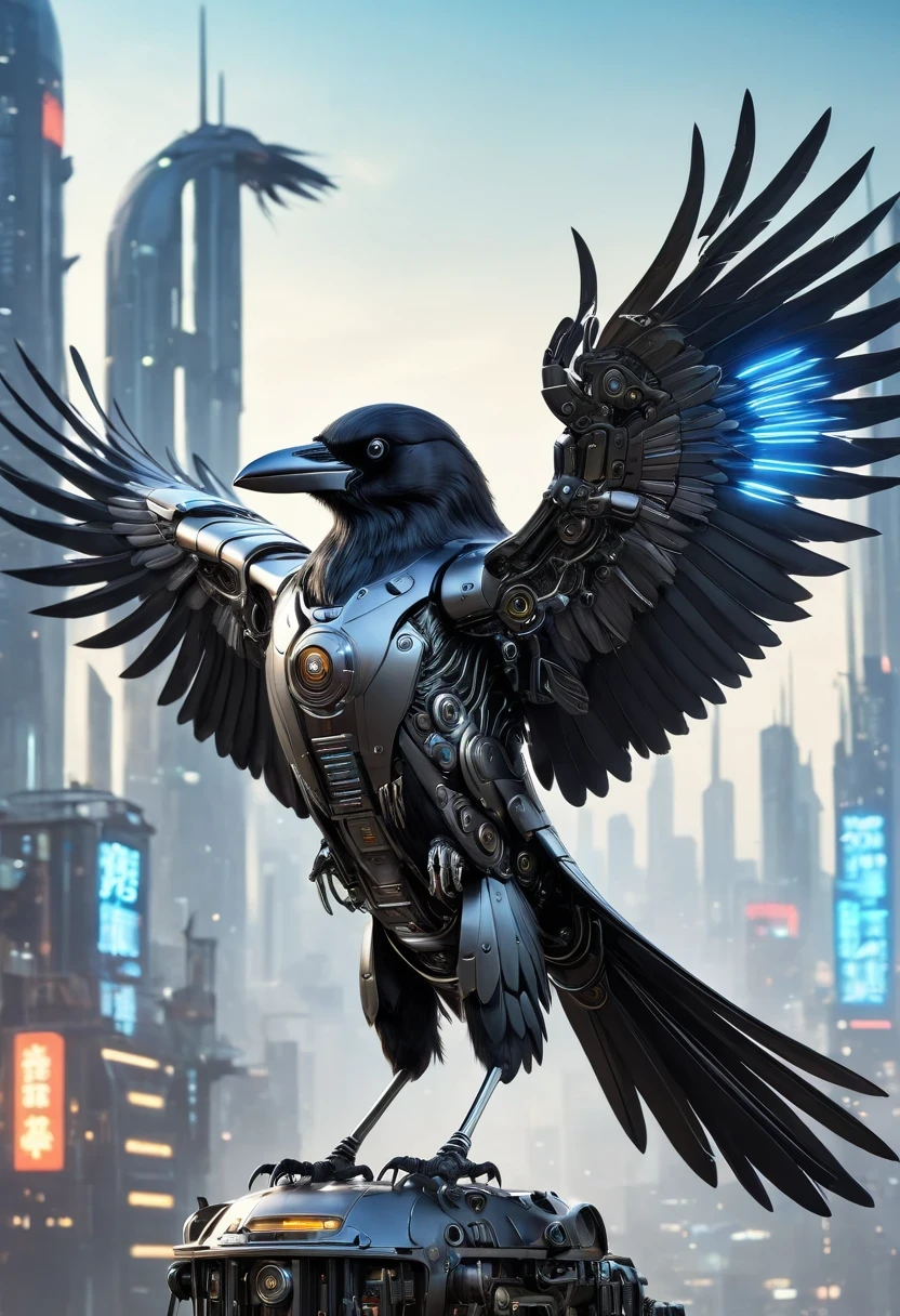 Flying metal mechanical crow,Futuristic metal crow,Mechanical crow,This crow is made entirely of small metal parts,Detailed mechanical wing,metal feather,Precise and complex design,Very fine texture,Shiny steel body,futuristic city background,Beautiful sci-fi art, science fiction figures art插画, Digital cyberpunk art, science fiction figures, futuristic digital, Futuristic concept art, In front of sci-fi cityscape, science fiction figures art, Advanced Digital Cyberpunk Art, Fantastic cyberpunk crow