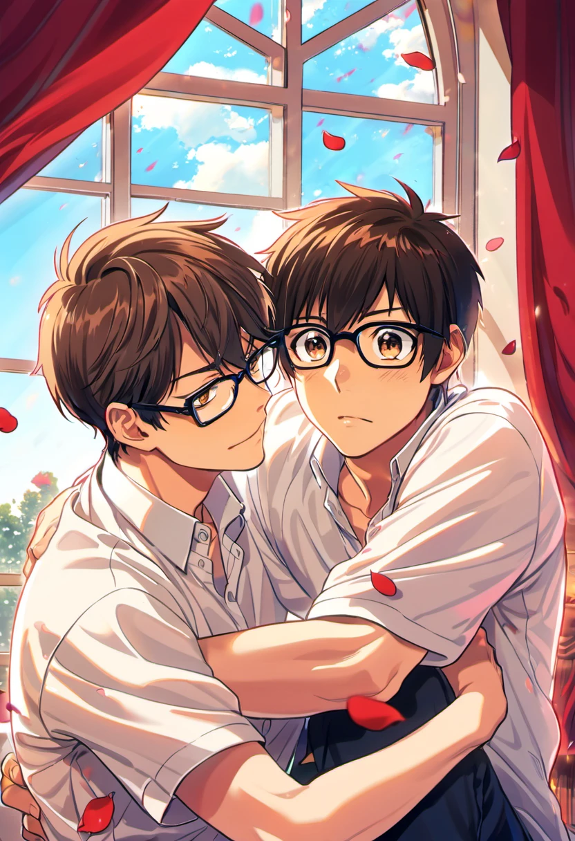 absurdres, highres, ultra detailed, HDR, master piece, best quality, Sawamura Eijun hugging Miyuki Kazuya, glasses with black frames, gay couple, handsome, brown hair, medium-length brown hair messy and windswept, expressive brown eyes, Diamond No Ace, window, red curtains, petals, schooluniform