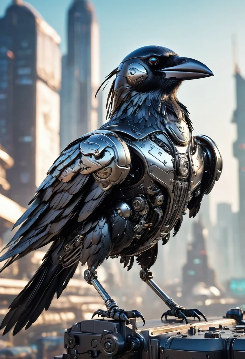 Flying metal mechanical crow,Futuristic metal crow,Mechanical crow,This crow is made entirely of small metal parts,Detailed mechanical wing,metal feather,Precise and complex design,Very fine texture,Shiny steel body,futuristic city background,Beautiful sci-fi art, science fiction figures art插画, Digital cyberpunk art, science fiction figures, futuristic digital, Futuristic concept art, In front of sci-fi cityscape, science fiction figures art, Advanced Digital Cyberpunk Art, Fantastic cyberpunk crow