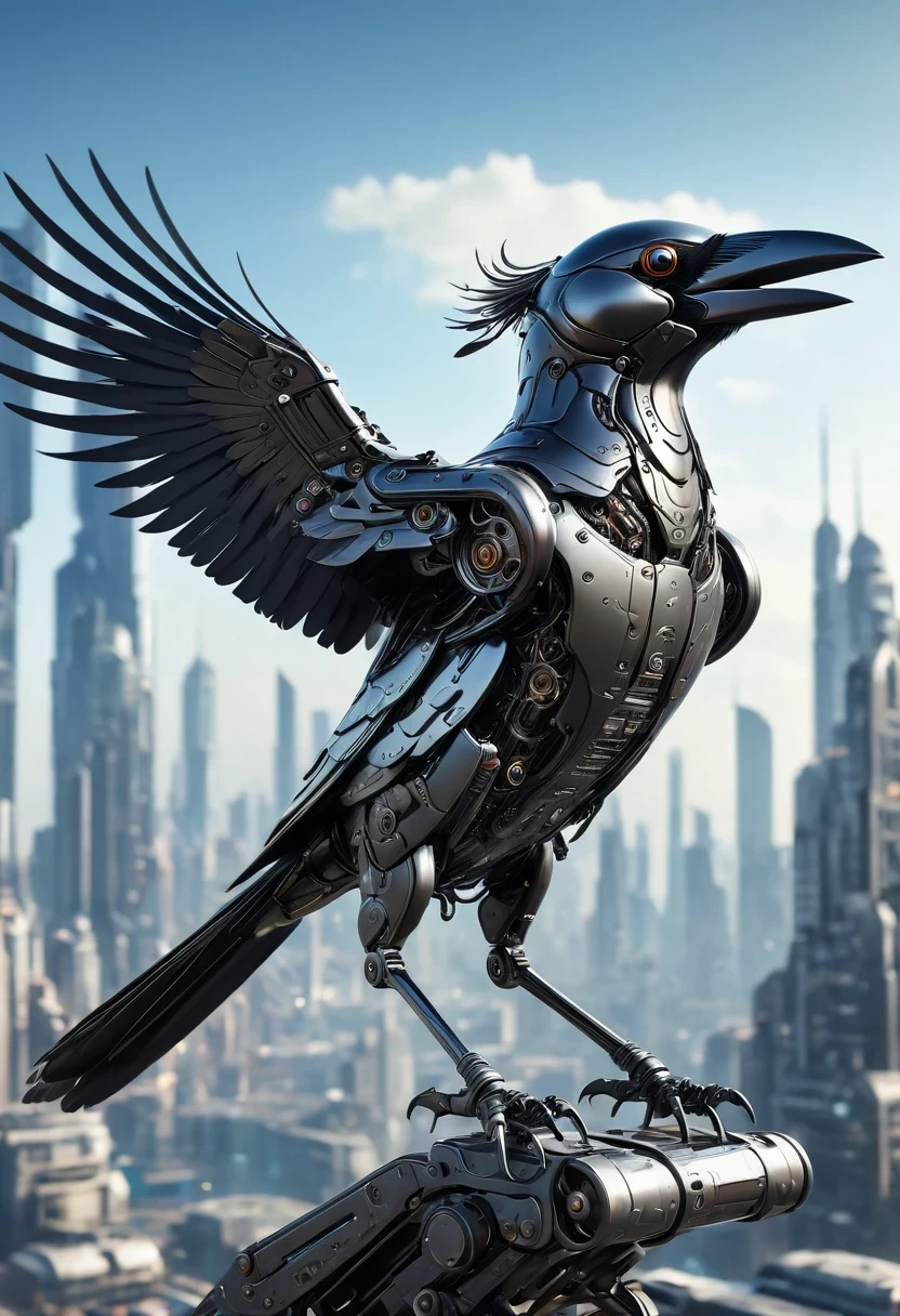 Flying metal mechanical crow,Futuristic metal crow,Mechanical crow,This crow is made entirely of small metal parts,Detailed mechanical wing,metal feather,Precise and complex design,Very fine texture,Shiny steel body,futuristic city background,Beautiful sci-fi art, science fiction figures art插画, Digital cyberpunk art, science fiction figures, futuristic digital, Futuristic concept art, In front of sci-fi cityscape, science fiction figures art, Advanced Digital Cyberpunk Art, Fantastic cyberpunk crow