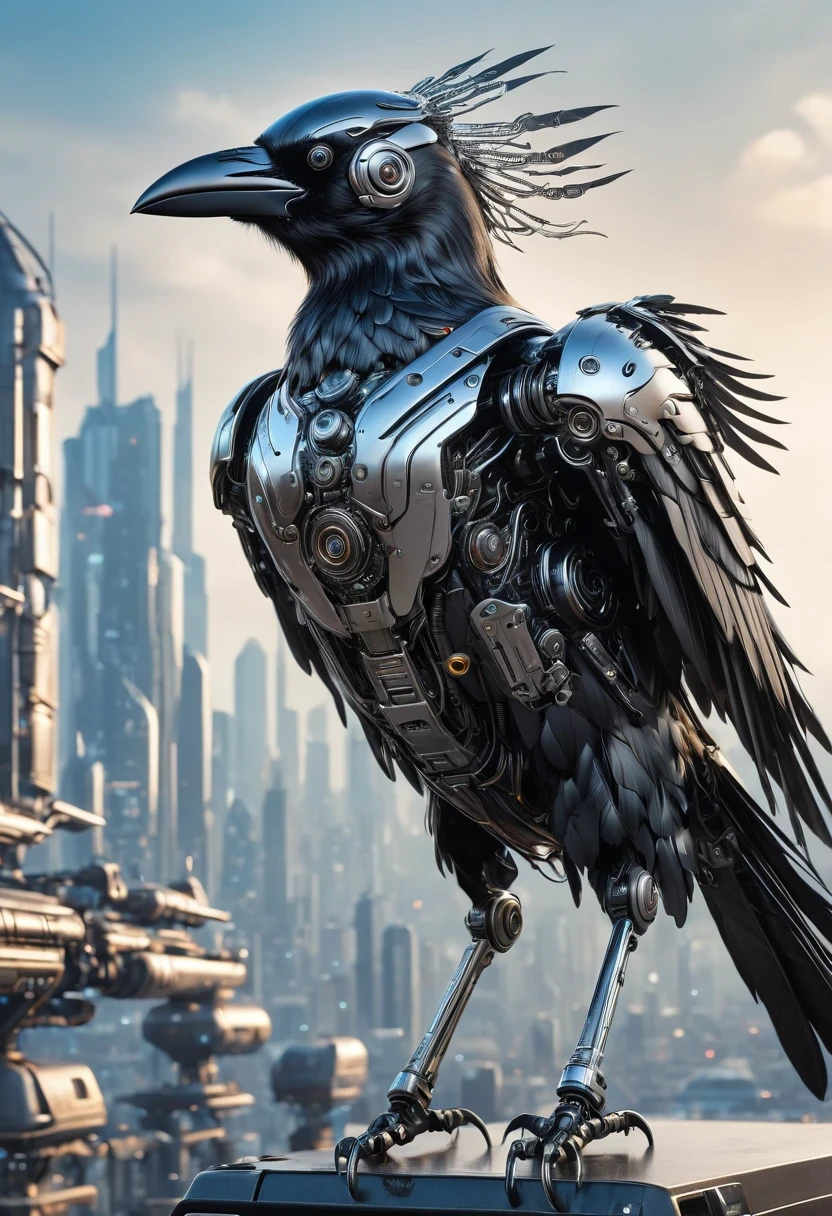 Flying metal mechanical crow,Futuristic metal crow,Mechanical crow,This crow is made entirely of small metal parts,Detailed mechanical wing,metal feather,Precise and complex design,Very fine texture,Shiny steel body,futuristic city background,Beautiful sci-fi art, science fiction figures art插画, Digital cyberpunk art, science fiction figures, futuristic digital, Futuristic concept art, In front of sci-fi cityscape, science fiction figures art, Advanced Digital Cyberpunk Art, Fantastic cyberpunk crow