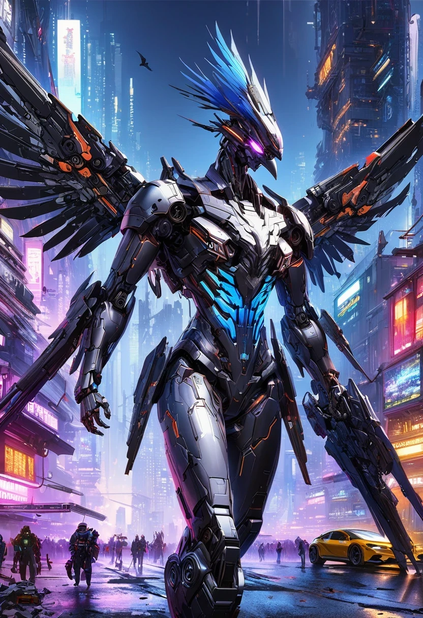 Flying metal mechanical crow，Futuristic metal crow，Mechanical crow，This crow is made entirely of small metal parts，Detailed mechanical wing,metal feather,Precise and complex design,Very fine texture,Shiny steel body,futuristic city background，Beautiful sci-fi art, science fiction figures art插画, Digital cyberpunk art, science fiction figures, futuristic digital, Futuristic concept art, In front of sci-fi cityscape, science fiction figures art, Advanced Digital Cyberpunk Art, Fantastic cyberpunk crow