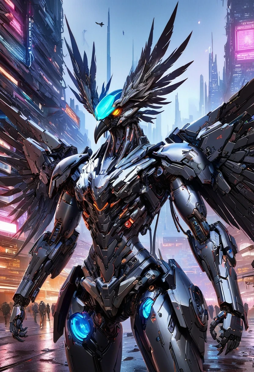Flying metal mechanical crow,Futuristic metal crow,Mechanical crow,This crow is made entirely of small metal parts,Detailed mechanical wing,metal feather,Precise and complex design,Very fine texture,Shiny steel body,futuristic city background,Beautiful sci-fi art, science fiction figures art插画, Digital cyberpunk art, science fiction figures, futuristic digital, Futuristic concept art, In front of sci-fi cityscape, science fiction figures art, Advanced Digital Cyberpunk Art, Fantastic cyberpunk crow