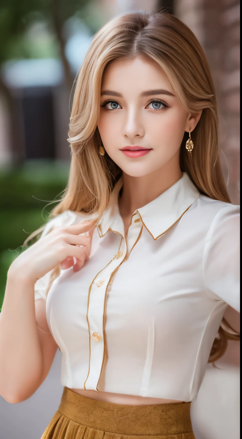 ((highest quality, 4k, masterpiece: 1.3)), beautiful woman with perfect figure: 1.4, (abs, developed hand muscles: 1.2), light brown hair, highlight hair、Fashionable blouses、Fashionable skirts, Highly detailed face and skin texture, detailed eye, double eyelid