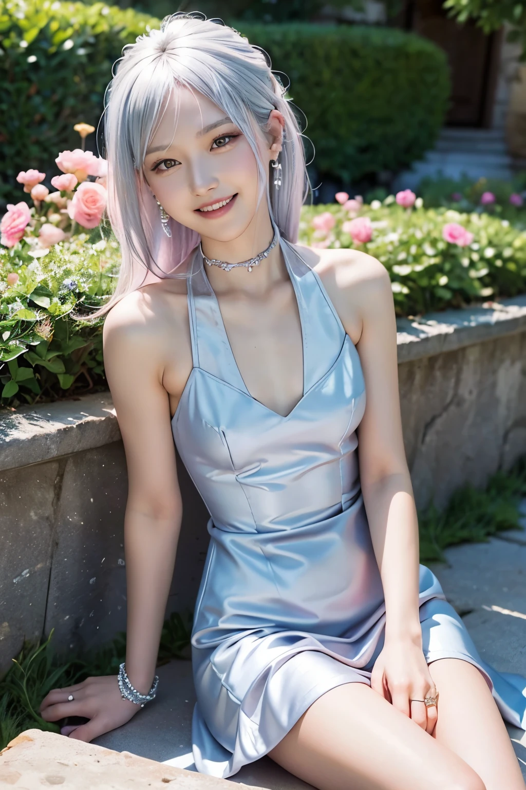 (8K, top-quality, masterpiece:1.2), (realistic, photorealistic:1.37), (super detailed), (one girl), (highly detailed), (beautifully detailed eyes), (of the highest quality), (super detailed), (masterpiece), (detailed face), (20yr old), (pink hair:1.6, long hair), (medium breasts), (clothed), (perfect lighting), BRAKE (garden wedding party:1.5), (upper body to knees:1.4), (happy smile:1.3), (gentle pose:1.2), (garden background:1.3), (soft sunset light:1.2), BRAKE (midnight blue:1.5), (shimmering silver highlights:1.4), (high-quality satin:1.3), (stretchable:1.2), (body-fit dress:1.5), (V-neck:1.2), (knee-length skirt:1.3), (slim silhouette:1.4), (hidden zipper:1.2), (small back slit:1.2), (silver strap heels:1.3), (platinum choker:1.2), (diamond stud earrings:1.2), BRAKE (pink hair:1.5)
