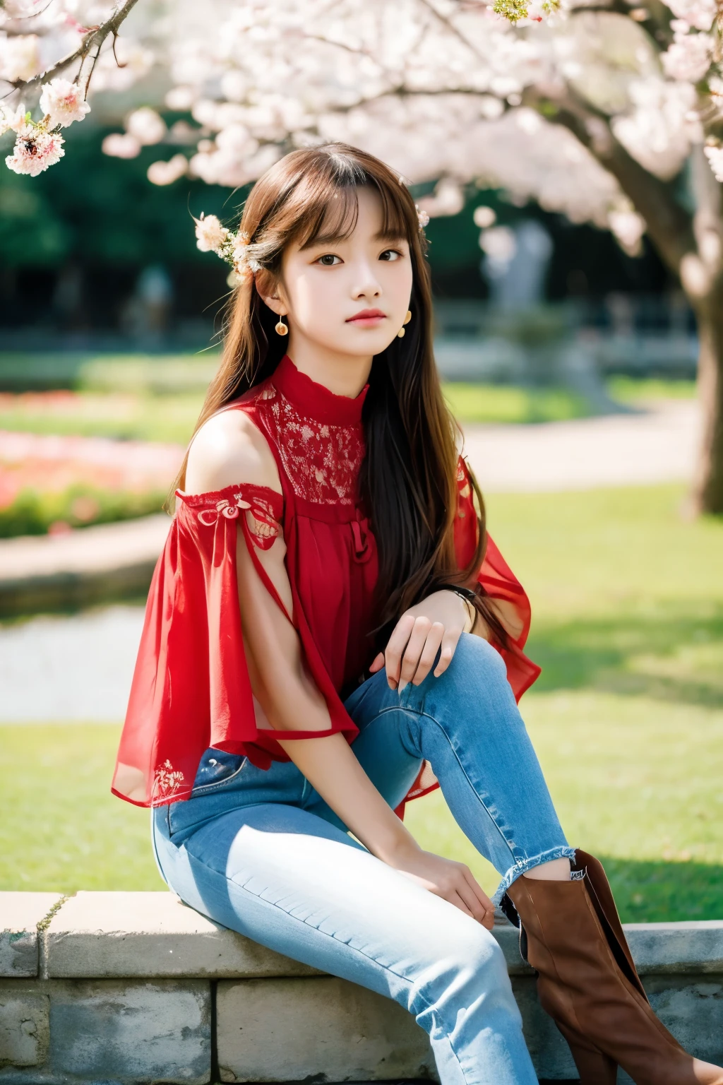 lens 135mm f1.8,(best quality),(masterpiece:1.1),
dappled sunlight, dramatic lighting,
(beautiful 14yo Japanese girl),
eyeliner, cheek, earring, (red neck choker),
(long (red color:0.7) hair), flutter in wind,
BREAK
A portrait of filled with spring blossoms, wearing a red chiffon blouse adorned with delicate lace details and frills.
high-wasted denim pants and leg boots.
Surrounding her are cherry blossoms, adding a fresh spring ambiance.
(at the spring park),