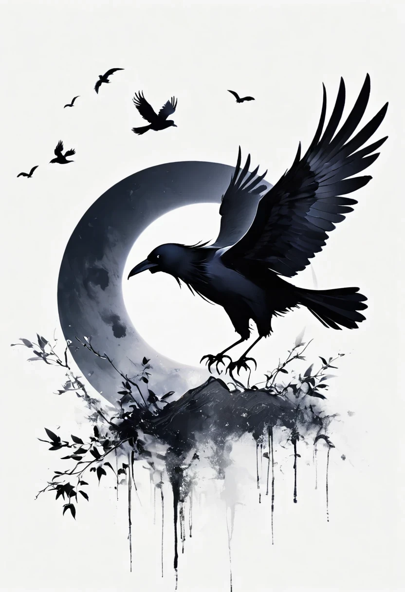 crow, White background, moon, simple, Minimalism, Regular Angle,