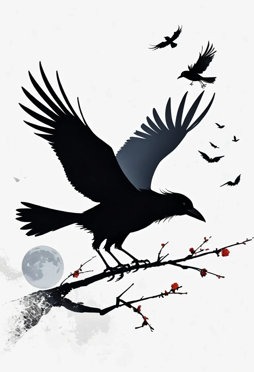 crow, White background, moon, simple, Minimalism, Regular Angle,