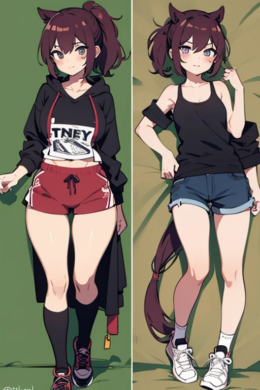Anime girl, pony tail, character sheet, full body, facing viewer, tank top, short pant