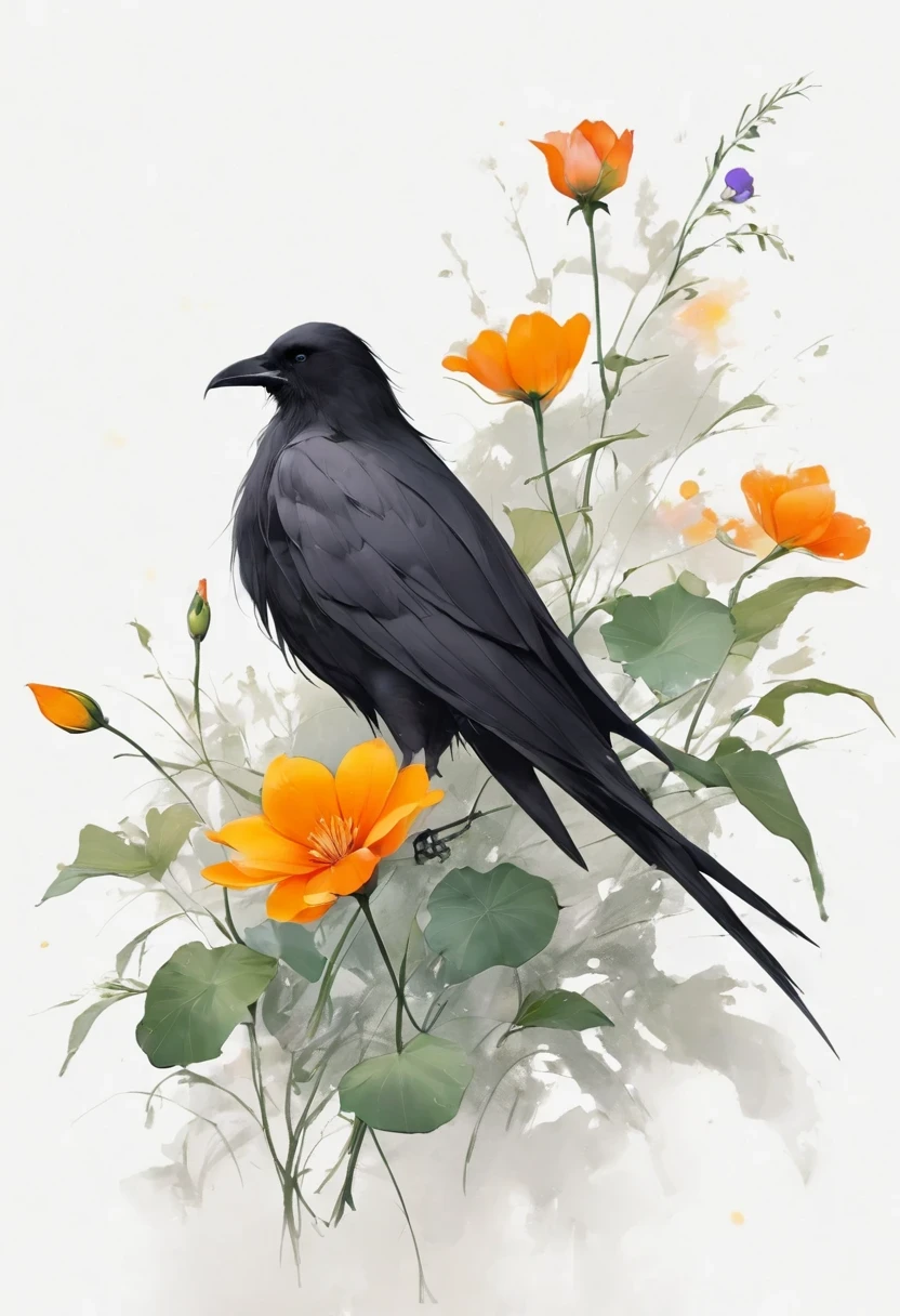 crow, White background,  flower, simple, Minimalism, Regular Angle, 