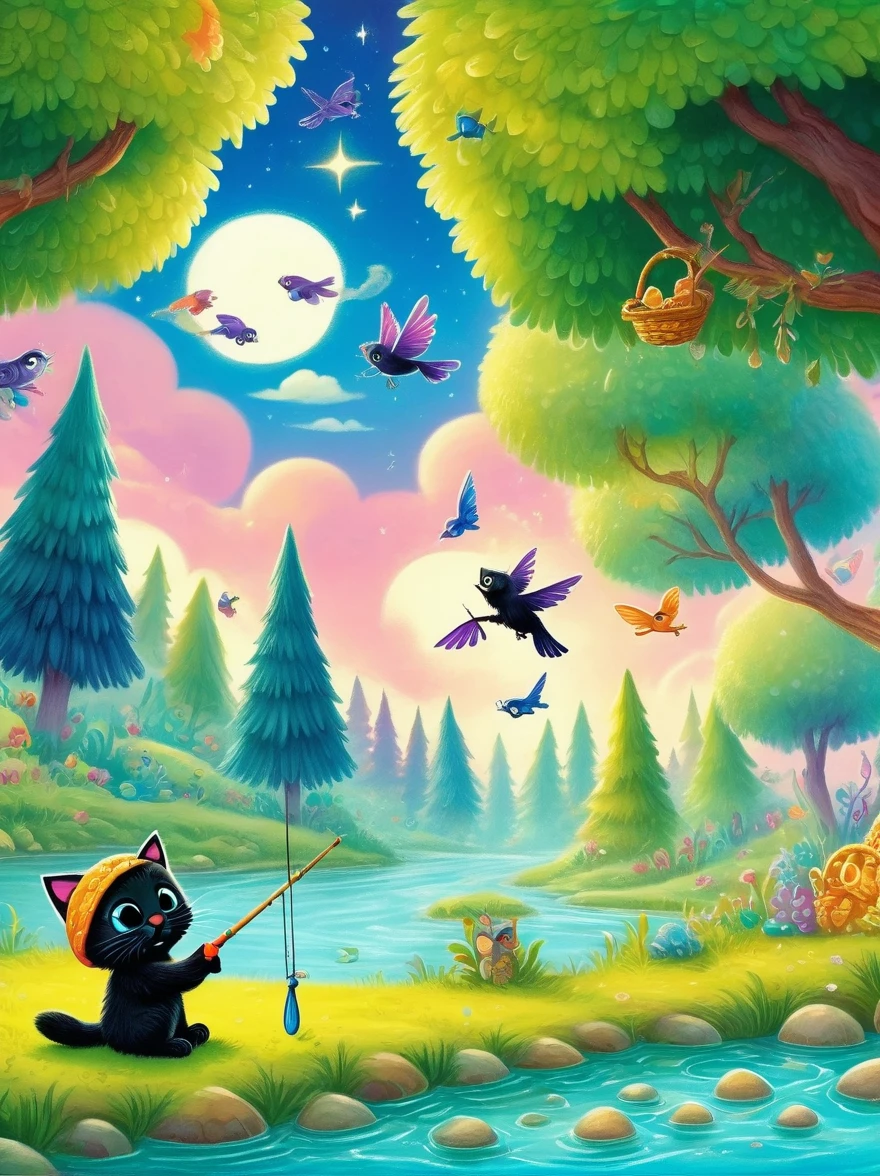 Show a scene from a children's book，In a fairytale setting，(1 kitten)，(Holding a fishing rod)，fishing by the river，This scene is whimsical，Full of color and vibrant details，This is typical of children's stories.，The environment is characterized by unique trees，Featuring bright skies and magical elements，Bright colors，Can stimulate children's imagination，Kitten has exaggerated，cute features，Attractive to young readers，The background should capture the essence of an interesting and fascinating story