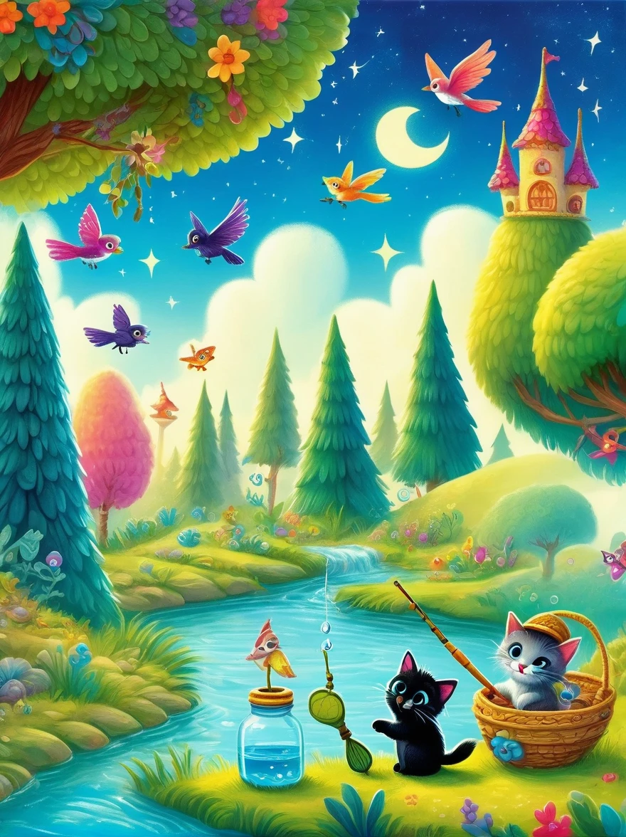 Show a scene from a children's book,In a fairytale setting,(1 kitten),(Holding a fishing rod),fishing by the river,This scene is whimsical,Full of color and vibrant details,This is typical of children's stories.,The environment is characterized by unique trees,Featuring bright skies and magical elements,Bright colors,Can stimulate children's imagination,Kitten has exaggerated,cute features,Attractive to young readers,The background should capture the essence of an interesting and fascinating story
