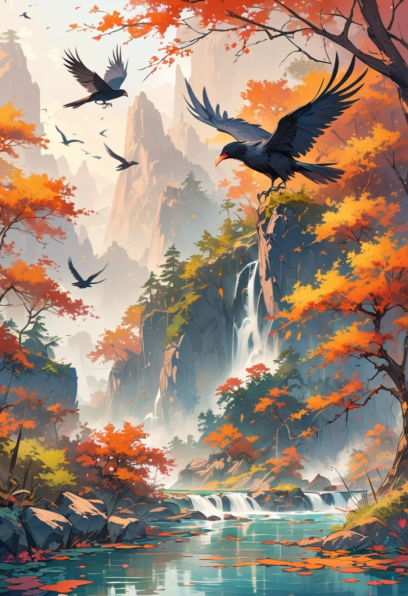 a chinese painting, Chinese background,1 crow,In the sun,golden red sun,mountains, Xiangyun, masterpiece, Ultra-detailed, epic work, ultra high definition, high quality, Very detailed, official art, unity 8k wallpaper, Ultra-detailed, 32k
