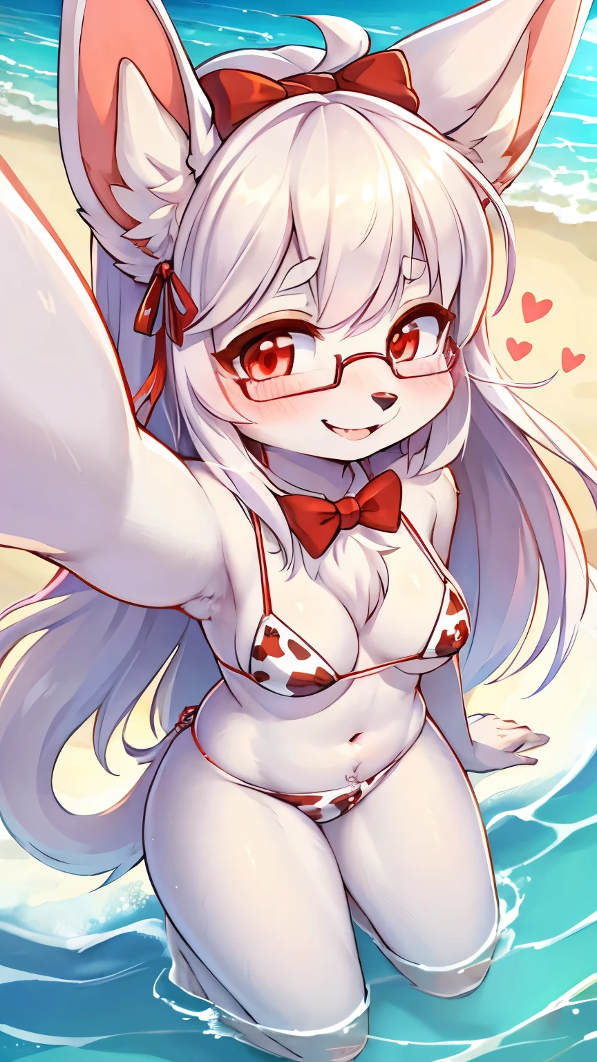 best quality,best resolution,(fluffy anthro furry :1.6),(young :1.6), rabbit girl,white fur,white long hair,wavy hair,white rabbit ears,red eyes,glistering eyes,sparkle eyes,small breasts,red ribbons hairpin,ribbon bowtie,glasses,cow printed bikini,thong bikini,beautiful beach,sunbeam,legs in water,looking at viewer,full face blush,face to face,two hands selfie,sexy face,sexy eyes,horny smile,heavy breath,heart eyes,heart expression eyes