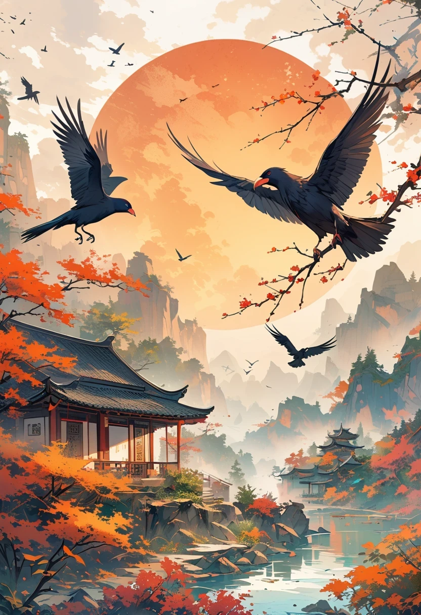 a chinese painting, Chinese background,1 crow,In the sun,golden red sun,mountains, Xiangyun, masterpiece, Ultra-detailed, epic work, ultra high definition, high quality, Very detailed, official art, unity 8k wallpaper, Ultra-detailed, 32k