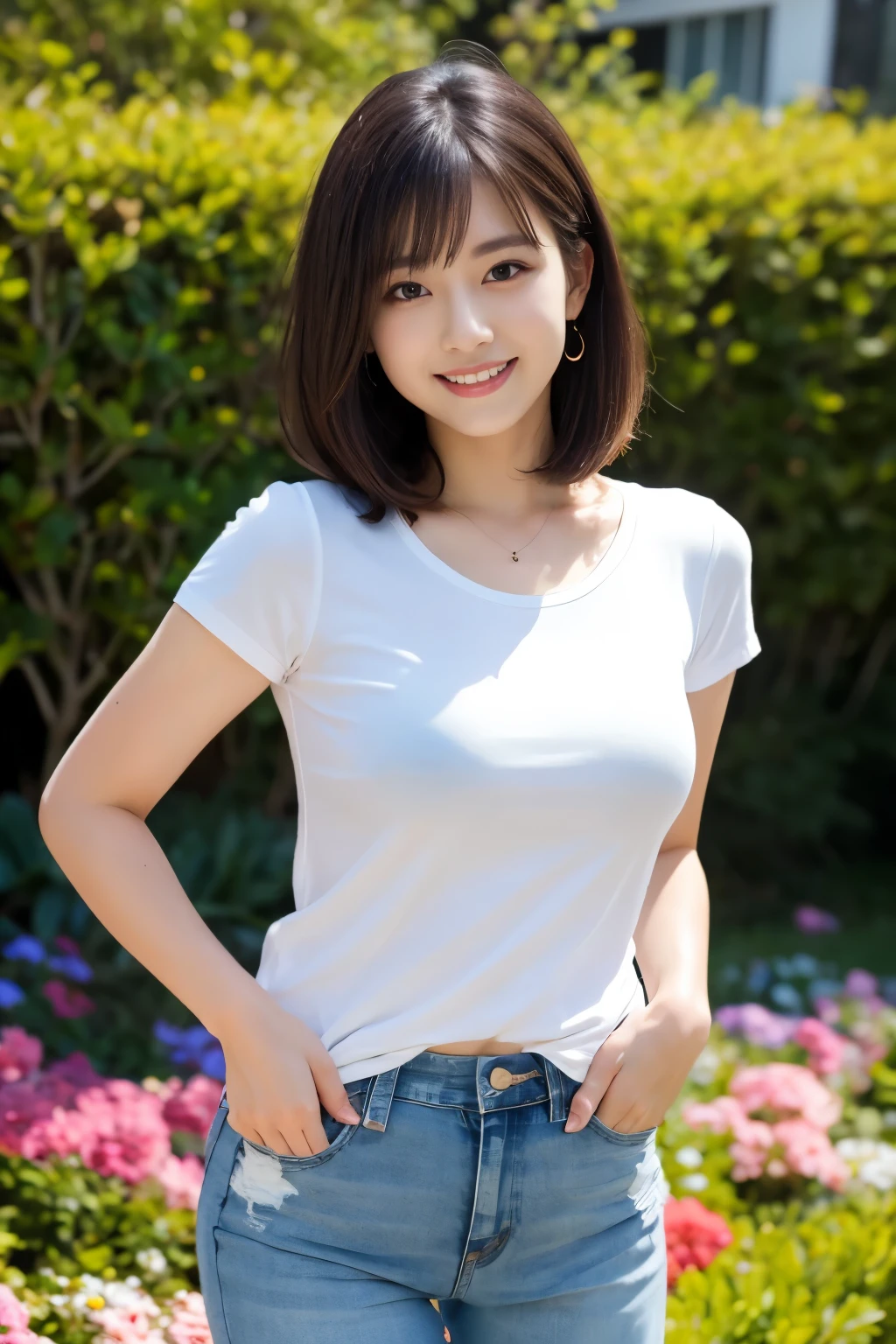 Masterpiece, Best-quality, RAW-photo, Ultra-High-Resolution, Photorealistic,
(Anatomically correct, 16-years-old, viewer's lover, She truly loves viewers, baby face, cute face, Perfect body, slim waist and busty body, Slender legs, Large breast, Realistic skin, angle from below),
((Wear white T-shirt, striped knit blouson, beige slackaiko, Round face, Black hair, Moist eyes, Shining eyes, Short bob cut, Bangs, Down-slating eyebrows, one little earring, Light blush),
(Look at the viewer, stretch body),
(A smile that seduces the opposite sex),
(The cherry blossoms are in full bloom, the cherry blossom petals are dancing, and the wind is blowing),
Natural lighting, full length,