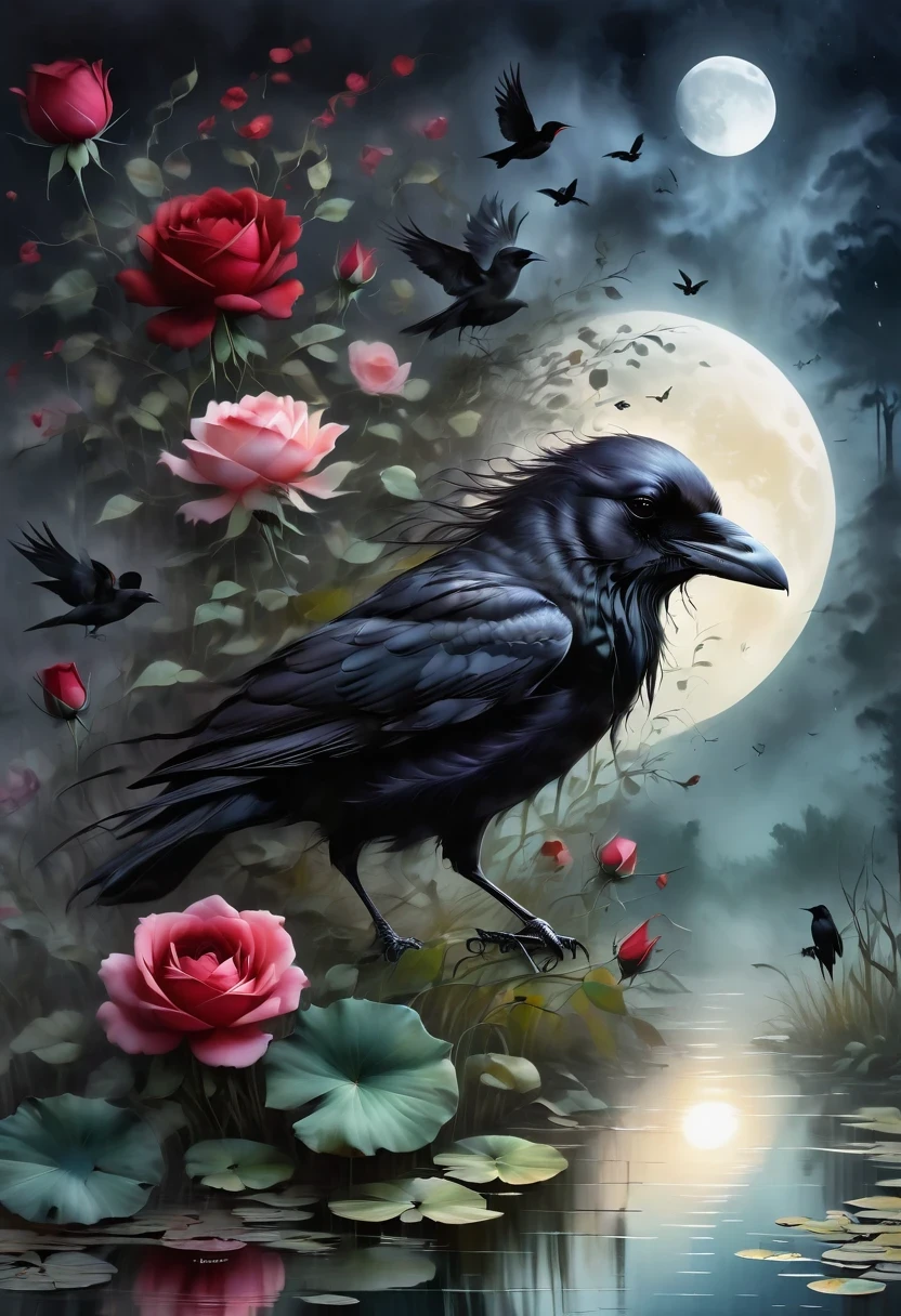 (dark atmosphere,Goethe fashion,bright colors),(best quality,Super exquisite,),sexy goth raven,rose garden at night,Crow feathers,black crow,The moonlight reflects her elegant silhouette,Soft shadows and soft highlights,Contrasting colors create a vibrant atmosphere,Dark and moody color palette,Subtle yet dramatic lighting effects,Sublime darkness intertwined with exquisite moonlight