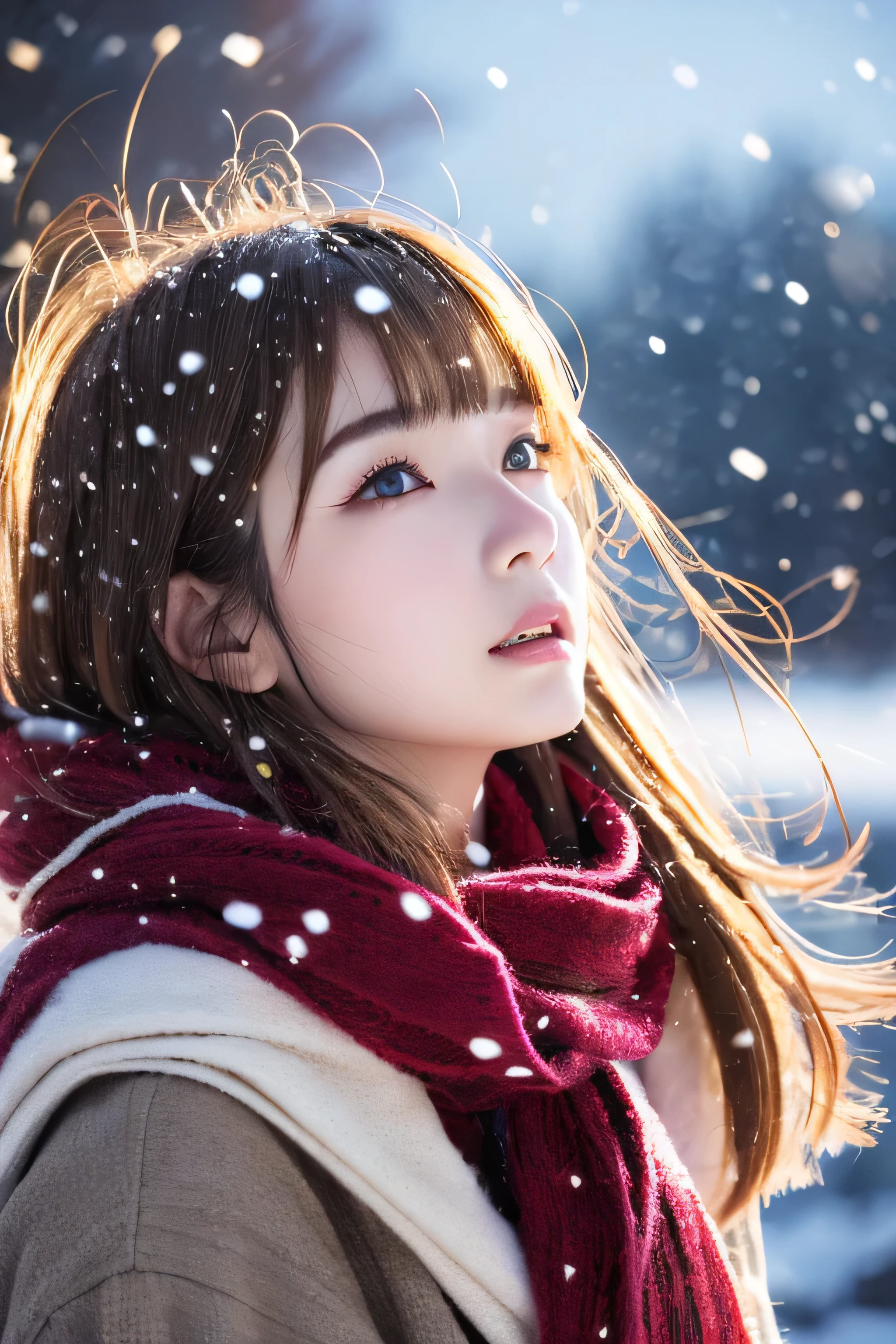 ((hair blowing in the wind、No makeup:1.2))、(realistic、Photoreal、super detailed、best detailed skins、highest quality、masterpiece、超A high resolution)、cute russian woman、14 years、high school girl、young girl、1 girl、have bangs、ash blonde:1.7、double eyelid、drooling eyes、Japanese style face、purity、realistic skin type、thick muffler、Gray muffler、fluffy hair、((There's hair in the scarf:1.3))、red cheeks、The wind is blowing、It's snowing、night、illumination、lighting from behind、hair blowing in the wind