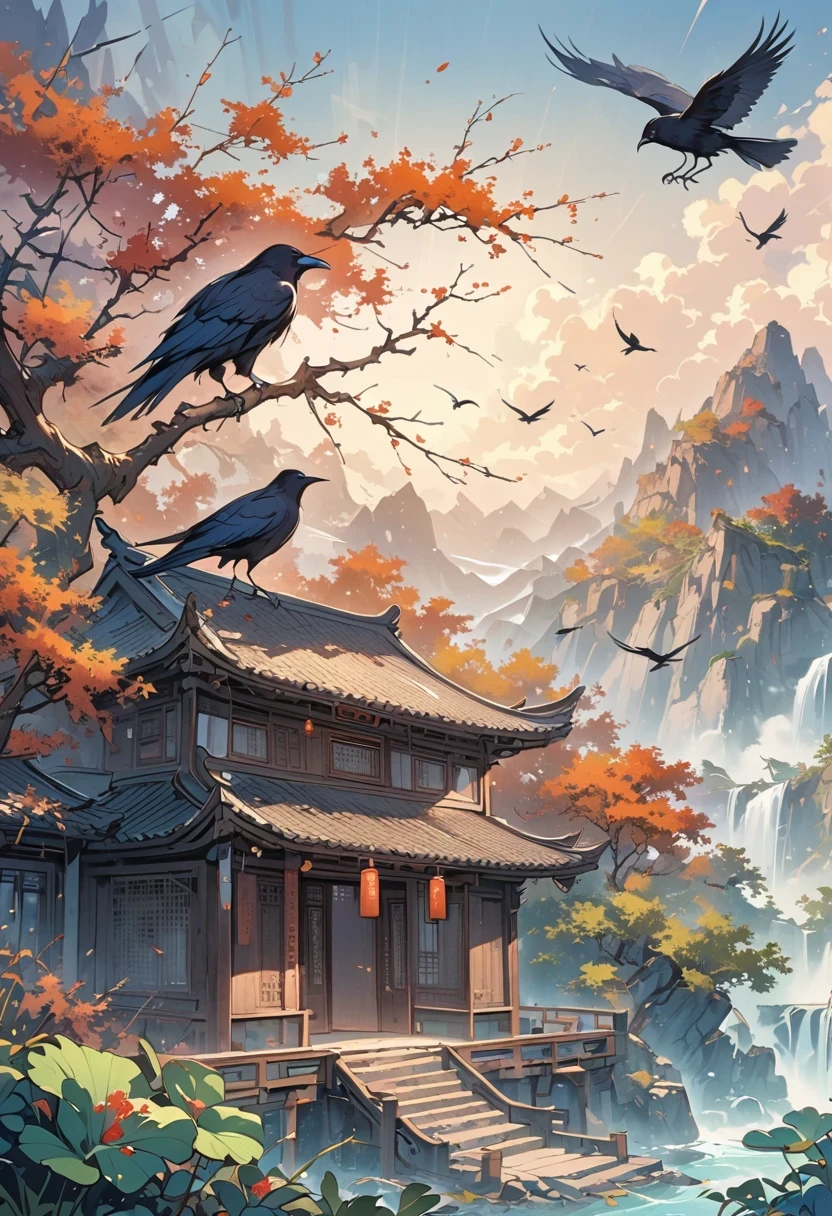 a chinese painting， Chinese background，1 three-legged crow，In the sun，golden red sun，mountains， Rios，Xiangyun， masterpiece， Ultra-detailed， epic work， ultra high definition， high quality， Very detailed， official art， unity 8k wallpaper， Ultra-detailed， 32k