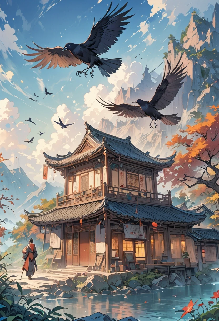a chinese painting， Chinese background，1 three-legged crow，In the sun，golden red sun，mountains， Rios，Xiangyun， masterpiece， Ultra-detailed， epic work， ultra high definition， high quality， Very detailed， official art， unity 8k wallpaper， Ultra-detailed， 32k