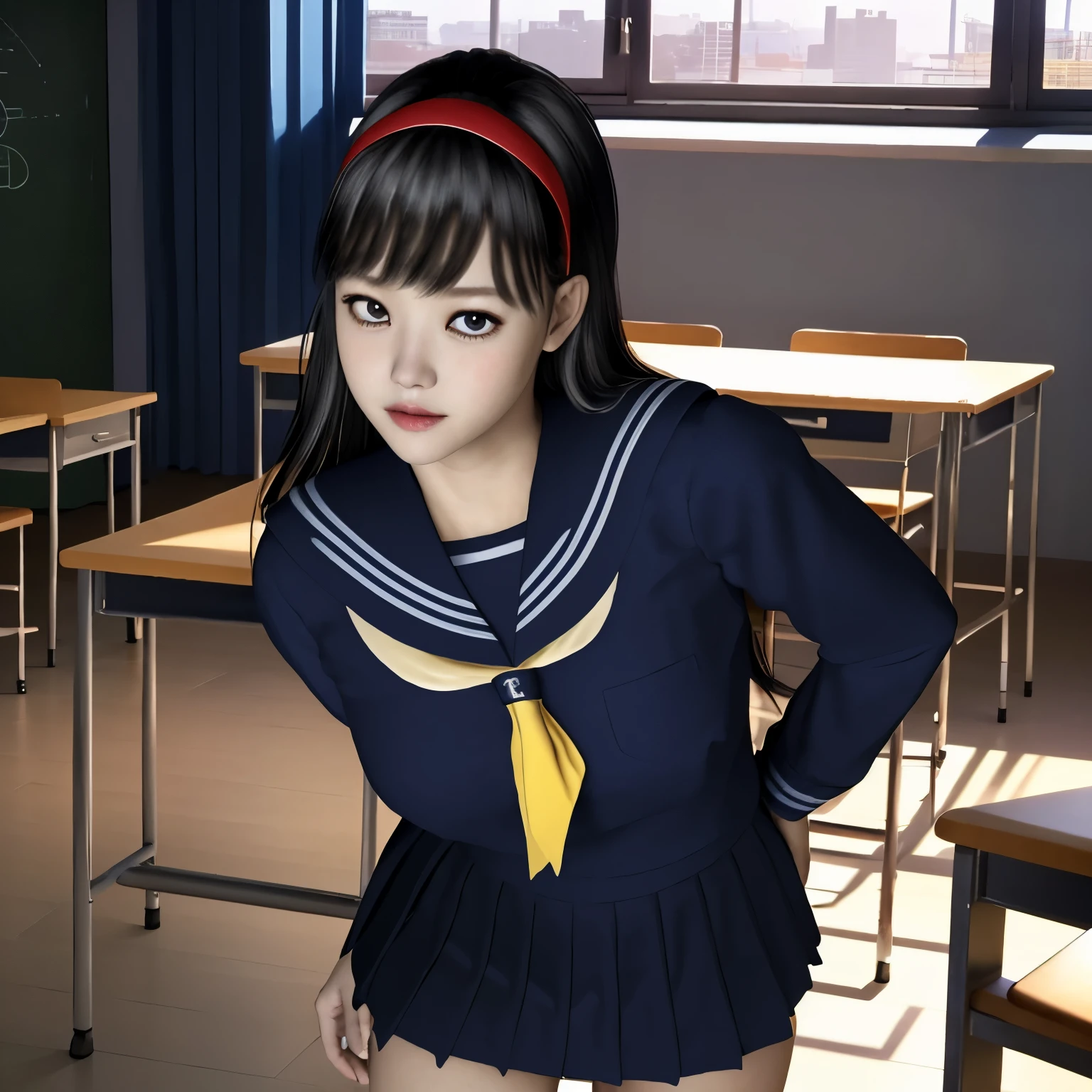 (Detailed CG、unity、8k wallpaper)、(very delicate and beautiful)、(masterpiece)、(highest quality:1.2)、(超A high resolution:1.3)、(beautiful realistic asian),beautiful lighting、perfect lightning、realistic shadow、fine skin、Super detailed、detailed face and eyes、realistic eyes、sharp pupils、Huge , inside the classroom、School、sunset、beautiful face、blurred background、(japanese woman)、shiny skin、side up、beautiful black hair、dull bangs、Japan High School Sailor Uniform、pleated mini skirt、gentle smile, ((table top, highest quality)), (shiny skin), cinematic lighting, Physically based rendering, award-winning, highly detailed skin, highly detailed face, Beautiful eyes in every detail, Carl Zeiss 85mm F/1.4, (standing position 1.4), (cumin , on the chest and thighs), she'To a very cute 16 year old , (brown hair, straight long hair, open your eyes, round face), big cleavage, (sailor blouse, Pull up the pleated skirt yourself:1.3), watching from a distance, (navy high socks, thigh focus),art by、