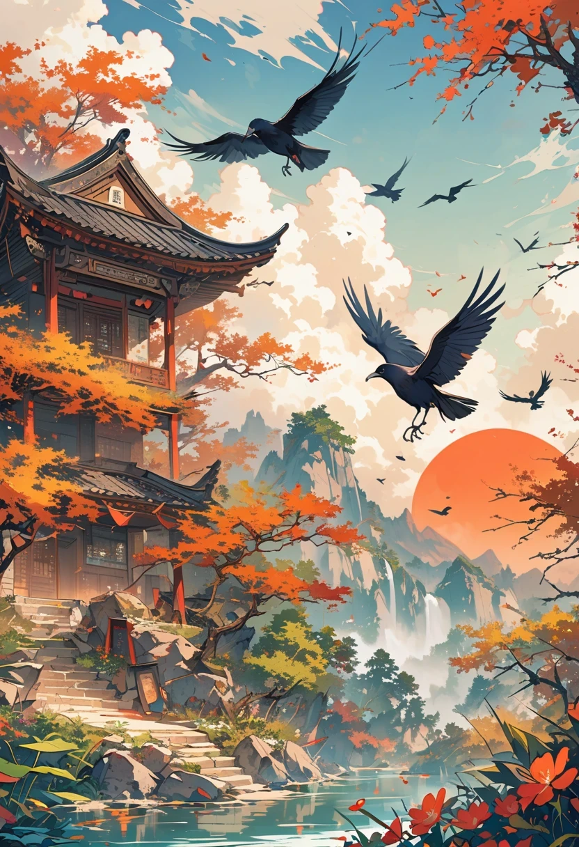 a chinese painting， Chinese background，1 three-legged crow，In the sun，golden red sun，mountains， Rios，Xiangyun， masterpiece， Ultra-detailed， epic work， ultra high definition， high quality， Very detailed， official art， unity 8k wallpaper， Ultra-detailed， 32k