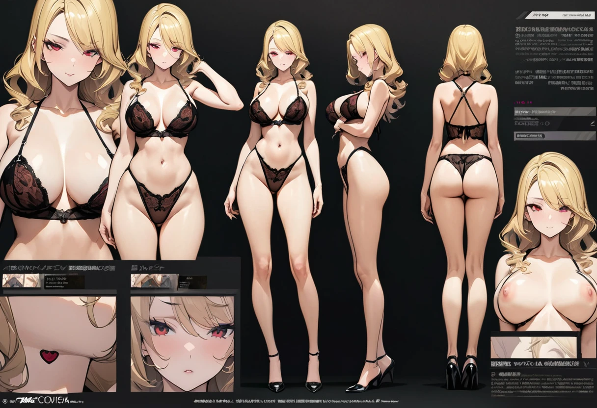 (masterpiece, highest quality, highest quality, official art, Cosmetology and aesthetics: 1.2),A tall, seductive woman with large breasts, red eyes and long blonde hair , lingerie, standing girl,three view drawing, front and back and side,character sheet,full body,simple background