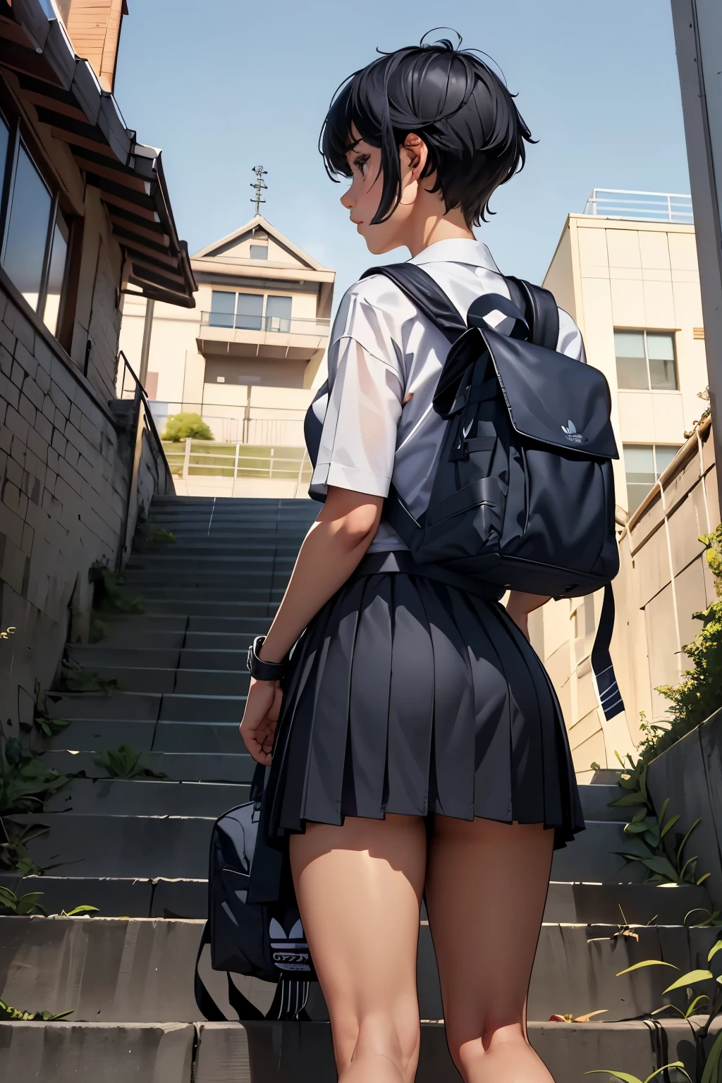 ((Dressing:1.8)), (((shool uniform:1.8, pleatedskirt:1.8, Panties with a small area:1.8, backpack:1.8))), (((stick out buttocks:1.8, Point your butt at the camera:1.8, ssmile:1.8))), 1girl in, 独奏,  student, 7headed body, Ideal ratio body proportions, erectile nipple, Medium Hair, A dark-haired, With bangs, small tits, A slender, Small buttocks, beauty legs, Skinny Legs, surrealism, Cinematic lighting, depth of fields, One-person viewpoint, F/1.8, 135 mm, nffsw, masutepiece, ccurate, ((Anatomically correct:1.3)), Textured skin, Super Detail, high details, High quality, awardwinning, Best Quality, hight resolution, 8K