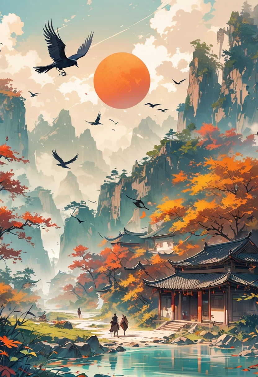 a chinese painting， Chinese background，1 three-legged crow，In the sun，golden red sun，mountains， Rios，Xiangyun， masterpiece， Ultra-detailed， epic work， ultra high definition， high quality， Very detailed， official art， unity 8k wallpaper， Ultra-detailed， 32k