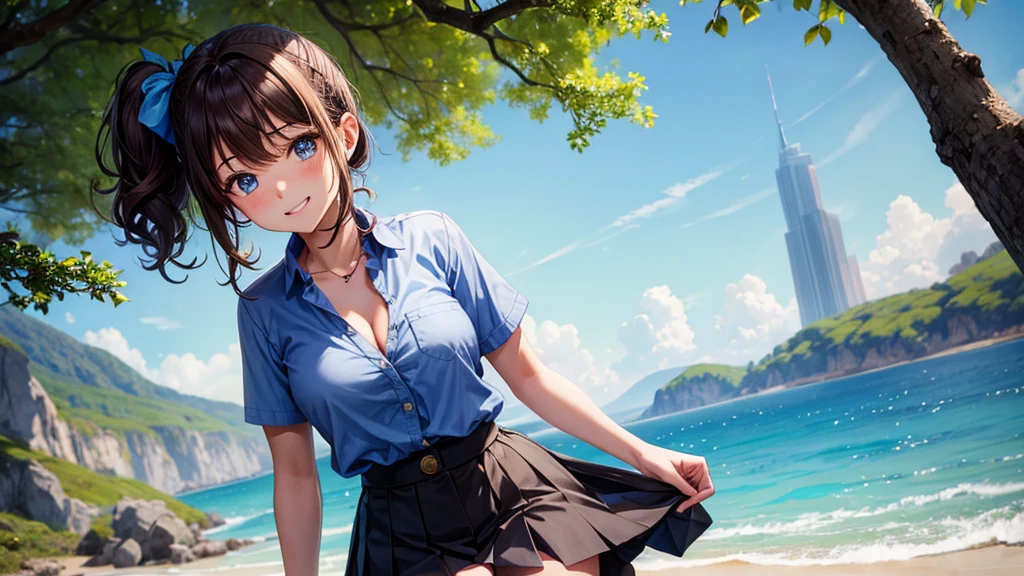 1girl, full body, solo, village, trees, brown hair, short hair, curly hair, side ponytail, large breasts, button down shirt, ((blue shirt)), ((unbuttoned shirt)), ((short sleeved shirt)), cleavage, blue eyes, skirt, grin, looking at the viewer, standng, hair ribbon, golden necklate