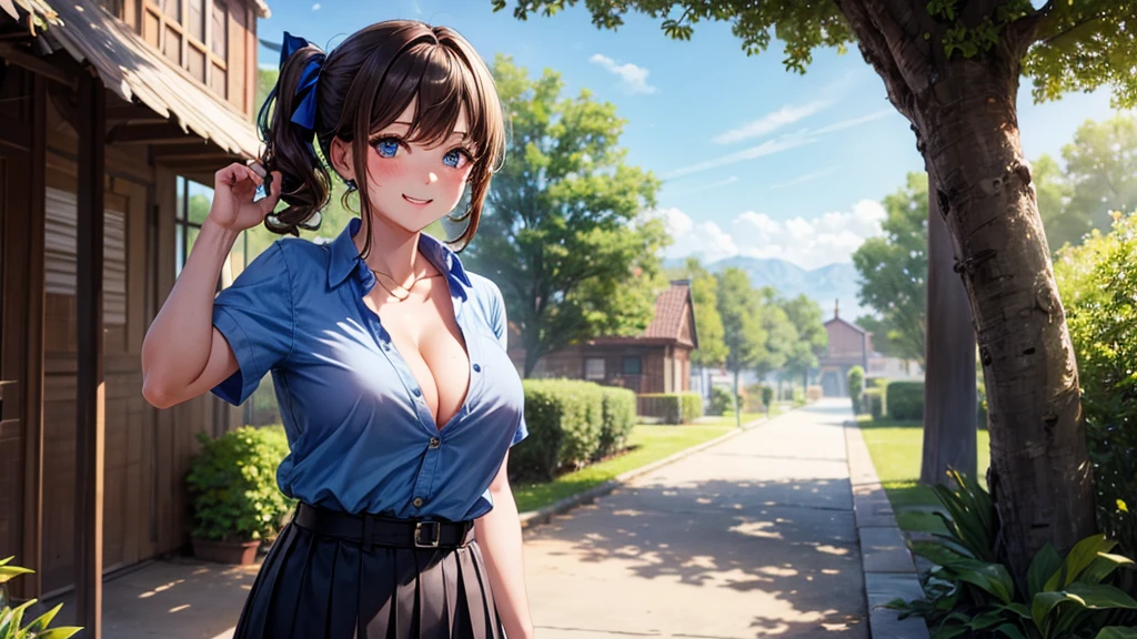 1girl, full body, solo, village, trees, brown hair, short hair, curly hair, side ponytail, large breasts, button down shirt, ((blue shirt)), ((unbuttoned shirt)), ((short sleeved shirt)), cleavage, blue eyes, skirt, grin, looking at the viewer, standng, hair ribbon, golden necklate
