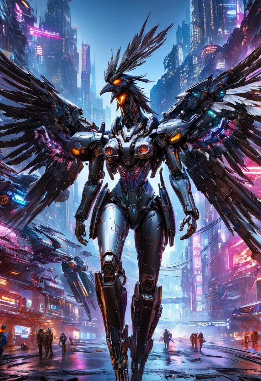 Flying metal mechanical crow，Futuristic metal crow，Mechanical crow，This crow is made entirely of small metal parts，Detailed mechanical wing,metal feather,Precise and complex design,Very fine texture,Shiny steel body,futuristic city background，Beautiful sci-fi art, science fiction figures art插画, Digital cyberpunk art, science fiction figures, futuristic digital, Futuristic concept art, In front of sci-fi cityscape, science fiction figures art, Advanced Digital Cyberpunk Art, Fantastic cyberpunk crow