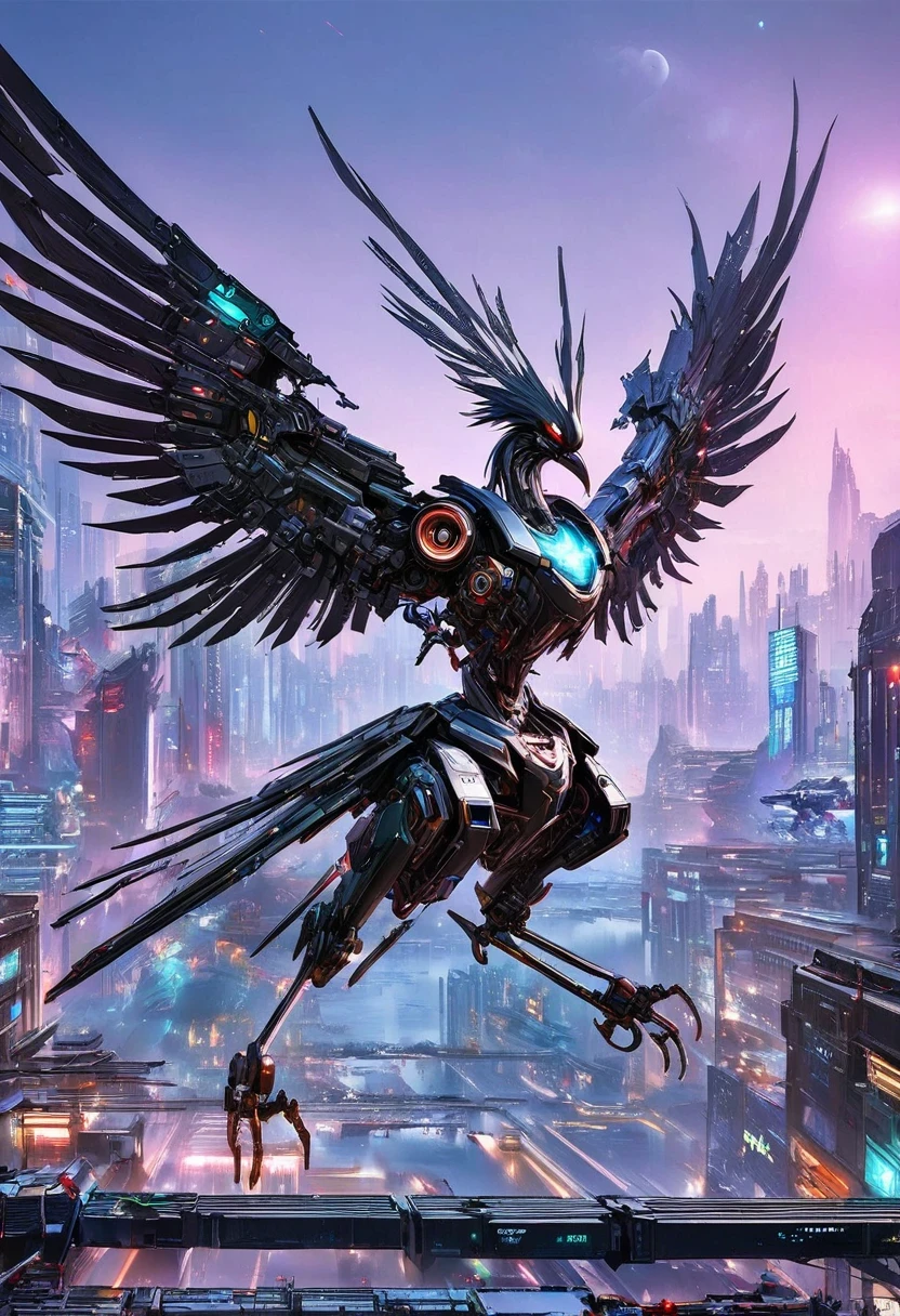 Flying metal mechanical crow,Futuristic metal crow,Mechanical crow,This crow is made entirely of small metal parts,Detailed mechanical wing,metal feather,Precise and complex design,Very fine texture,Shiny steel body,futuristic city background,Beautiful sci-fi art, science fiction figures art插画, Digital cyberpunk art, science fiction figures, futuristic digital, Futuristic concept art, In front of sci-fi cityscape, science fiction figures art, Advanced Digital Cyberpunk Art, Fantastic cyberpunk crow