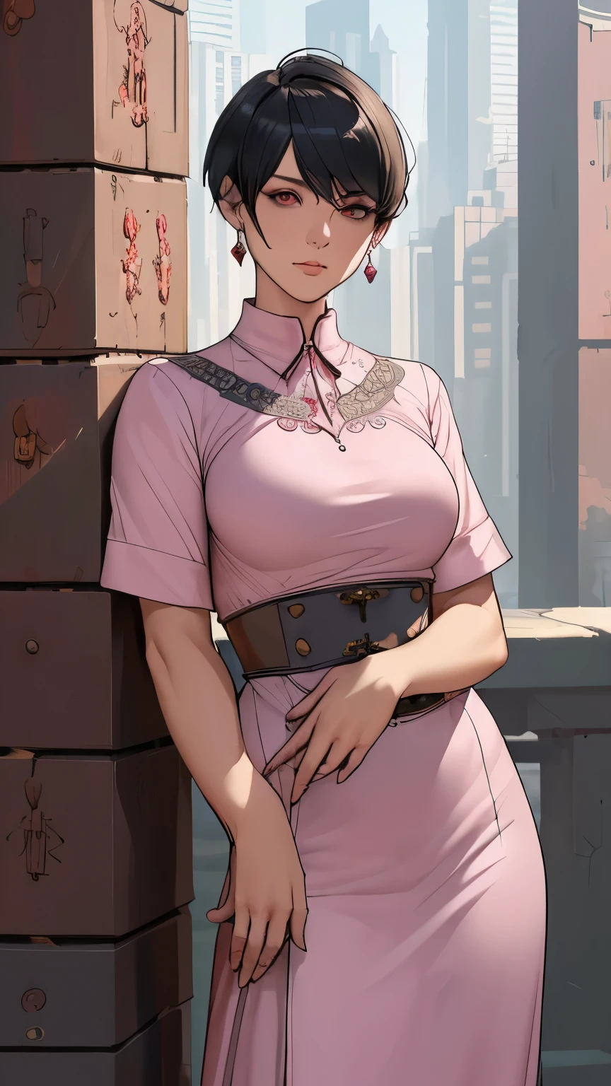 (masterpiece:1.3), (disorganized:1.3), (highest quality:1.3),(perfect anatomy),detailed face,Steam punk,Victorian era,Hong kong,Kowloon ruins,horizontal angle,hands,(looking at viewer), (Super detailed:1.3),(best shadow:0.7), solo,1 middle aged woman,saggy small breast,(treated hair), pixie cut,fine eyes, beautiful eyes, 1 middle aged woman, ((saggy small breast)),nurse,alone, standing, crystal earrings,closed_mouth, pink nursing uniform, rest outdoors, intimidating pose,cowboy shot