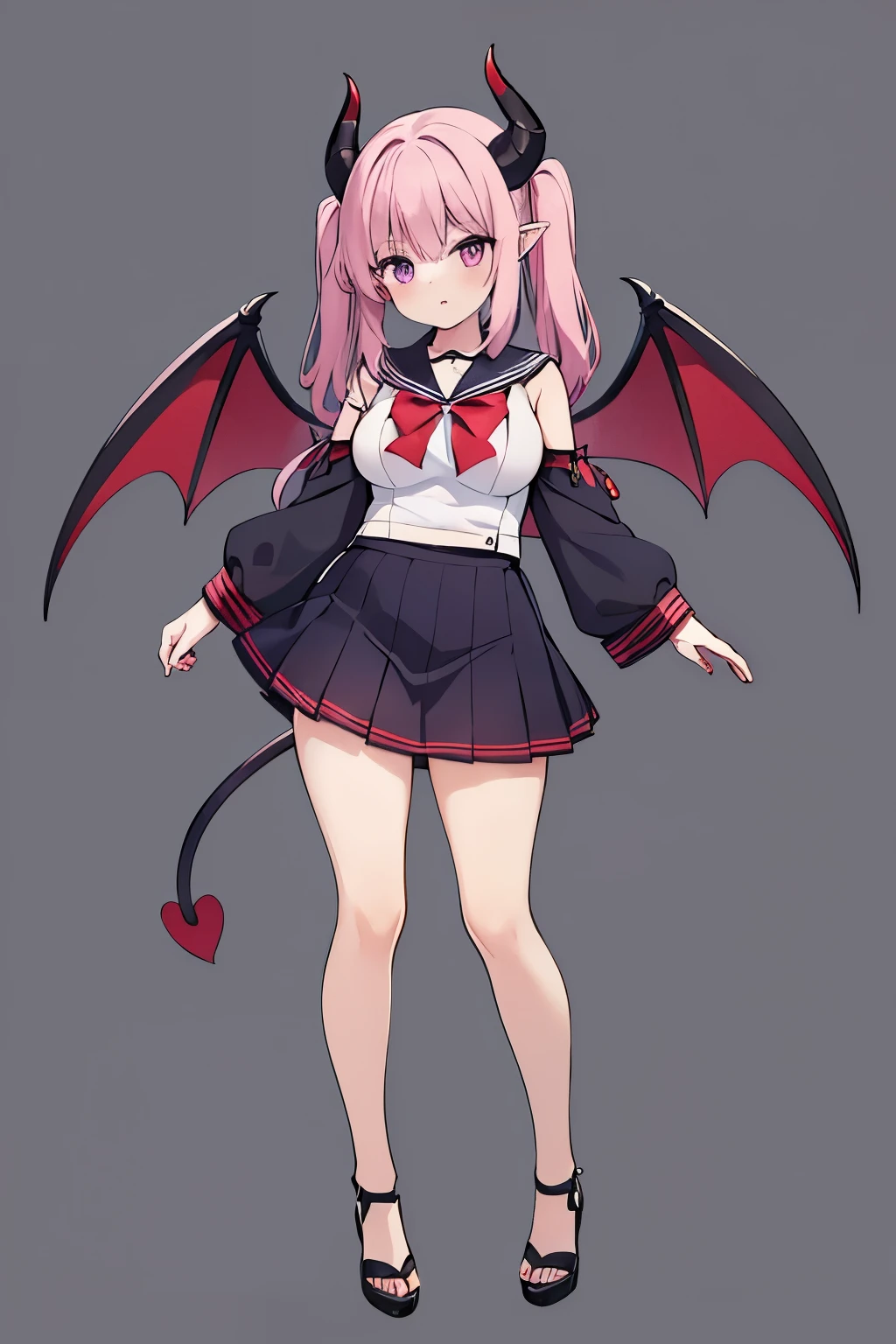 1 woman,grean back ground,red hear,long hear,purple eyes,devil horns,devil wings,big breasts,,devil's tail, short skirt,standing,full body,sailor suit,high resolution