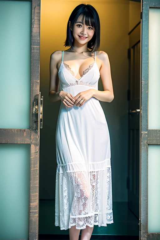satin,Japanese beauty in a white lace chemise.,whole (body),steel locker,black hair, aqua eyes, smile, Surrealism, depth of field, UHD, ccurate, anatomically correct, textured skin, super detail, high details, best quality, 4K,standing figure,small breasts,Long Slip,long skirt,Long Schmiese,Smaller breasts,Shoulder to knee schmeeze,skinny woman,Full body