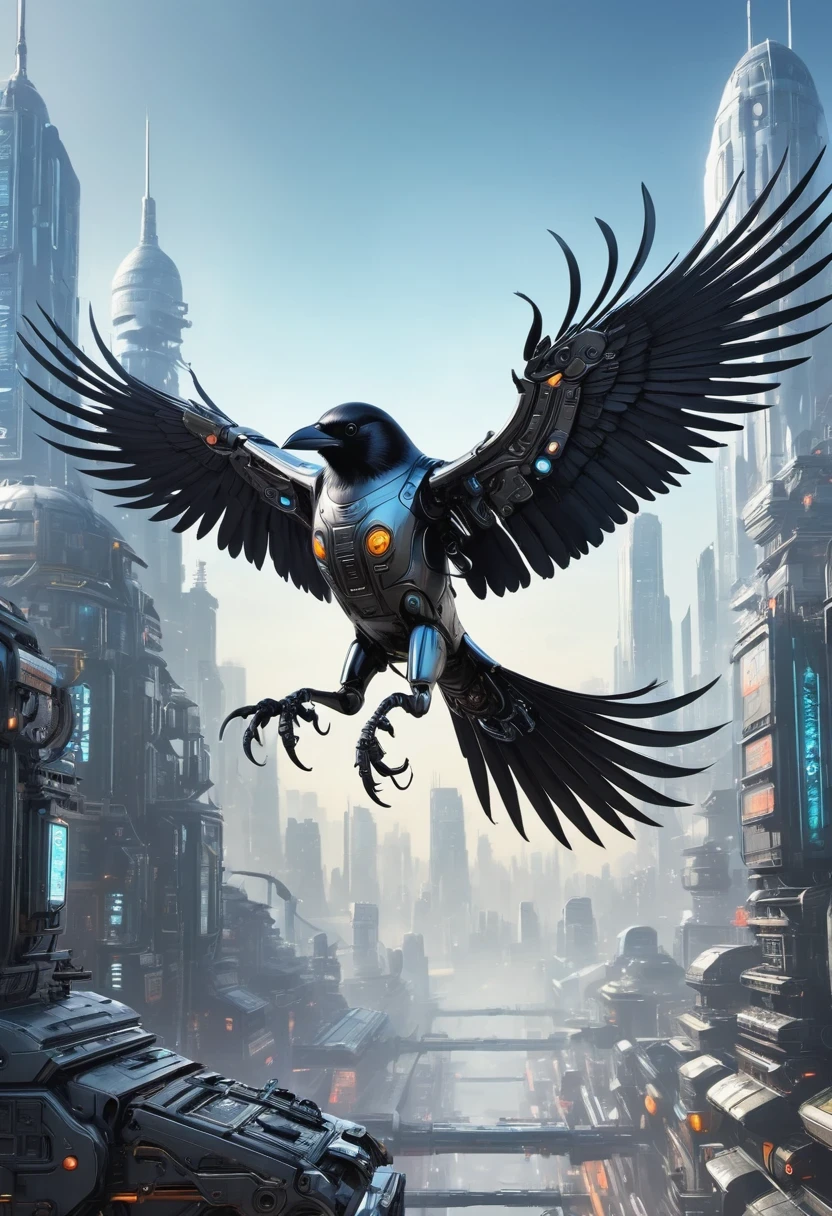 Flying metal mechanical crow，Futuristic metal crow，Mechanical crow，This crow is made entirely of small metal parts，Detailed mechanical wing,metal feather,Precise and complex design,Very fine texture,Shiny steel body,futuristic city background，Beautiful sci-fi art, science fiction figures art插画, Digital cyberpunk art, science fiction figures, futuristic digital, Futuristic concept art, In front of sci-fi cityscape, science fiction figures art, Advanced Digital Cyberpunk Art, Fantastic cyberpunk crow