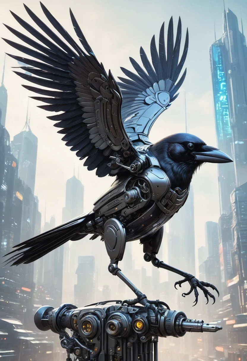 Flying metal mechanical crow，Futuristic metal crow，Mechanical crow，This crow is made entirely of small metal parts，Detailed mechanical wing,metal feather,Precise and complex design,Very fine texture,Shiny steel body,futuristic city background，Beautiful sci-fi art, science fiction figures art插画, Digital cyberpunk art, science fiction figures, futuristic digital, Futuristic concept art, In front of sci-fi cityscape, science fiction figures art, Advanced Digital Cyberpunk Art, Fantastic cyberpunk crow
