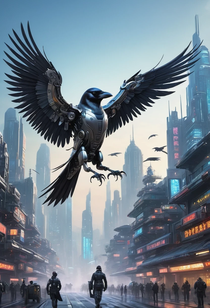 Flying metal mechanical crow，Futuristic metal crow，Mechanical crow，This crow is made entirely of small metal parts，Detailed mechanical wing,metal feather,Precise and complex design,Very fine texture,Shiny steel body,futuristic city background，Beautiful sci-fi art, science fiction figures art插画, Digital cyberpunk art, science fiction figures, futuristic digital, Futuristic concept art, In front of sci-fi cityscape, science fiction figures art, Advanced Digital Cyberpunk Art, Fantastic cyberpunk crow