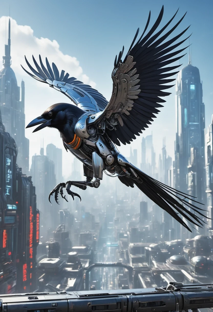 Flying metal mechanical crow,Futuristic metal crow,Mechanical crow,This crow is made entirely of small metal parts,Detailed mechanical wing,metal feather,Precise and complex design,Very fine texture,Shiny steel body,futuristic city background,Beautiful sci-fi art, science fiction figures art插画, Digital cyberpunk art, science fiction figures, futuristic digital, Futuristic concept art, In front of sci-fi cityscape, science fiction figures art, Advanced Digital Cyberpunk Art, Fantastic cyberpunk crow