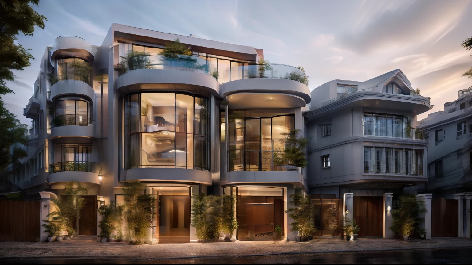 Townhouse, daylight ( best quality) ((high solution)) ,(( photo realistic)) ,warm light, (sharp focus) front view of townhouse in style of modern,small house, Narrow area,VietNam,facade, curved arch,beautiful facade,curved windown,narrow and long ,two-storey,mutual colours, soft lighting,high Resolution, hyper detailed,hyper realistic, photography expert ,exterior design , professional photography, exterior photography,wide-angle shot , ultra detail , high Resolution , full frame, full body, 2 car garage doors white color metal