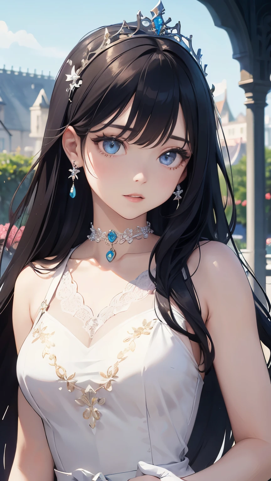 ((best quality)), ((masterpiece)), (detailed), perfect face, long hair, (very long hair), ((black hair)),  Sharp focus A beautiful woman with perfect body, Highly detailed face, , Detailed eyes, crystal hair, floating hair, anchor choker, jewelry, tareme, longeyelashes, anime, Art Nouveau, A tiara shining with jewels, a princess, a pure white dress, silk gloves, standing alone in a garden,