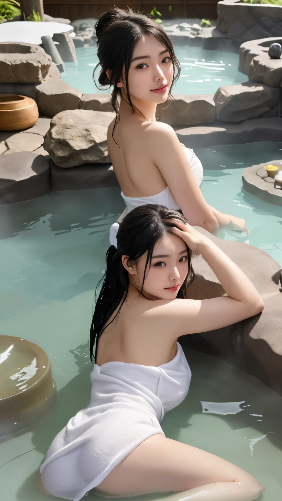 Two nun nude in pool,(masterpiece), super detail, best quality, ultra high res, highres, 8k, UHD, HDR