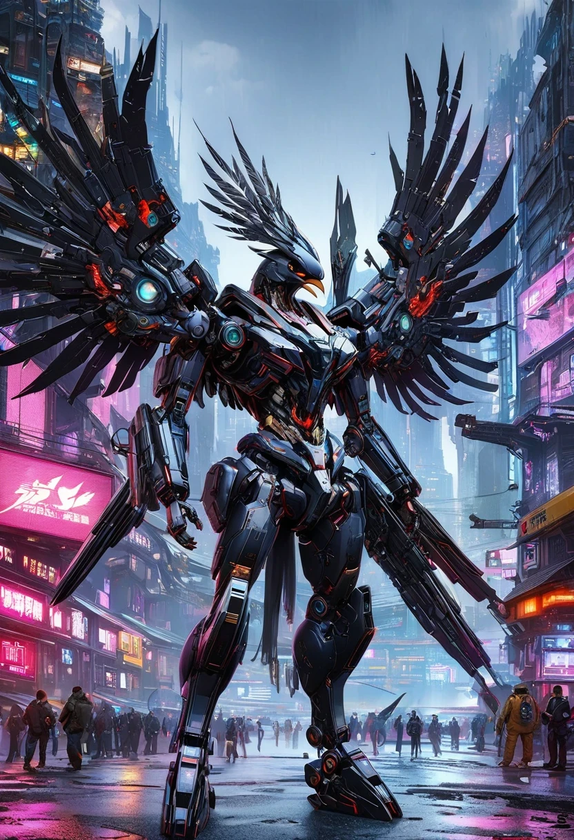 Flying metal mechanical crow,Futuristic metal crow,Mechanical crow,This crow is made entirely of small metal parts,Detailed mechanical wing,metal feather,Precise and complex design,Very fine texture,Shiny steel body,futuristic city background,Beautiful sci-fi art, science fiction figures art插画, Digital cyberpunk art, science fiction figures, futuristic digital, Futuristic concept art, In front of sci-fi cityscape, science fiction figures art, Advanced Digital Cyberpunk Art, Fantastic cyberpunk crow